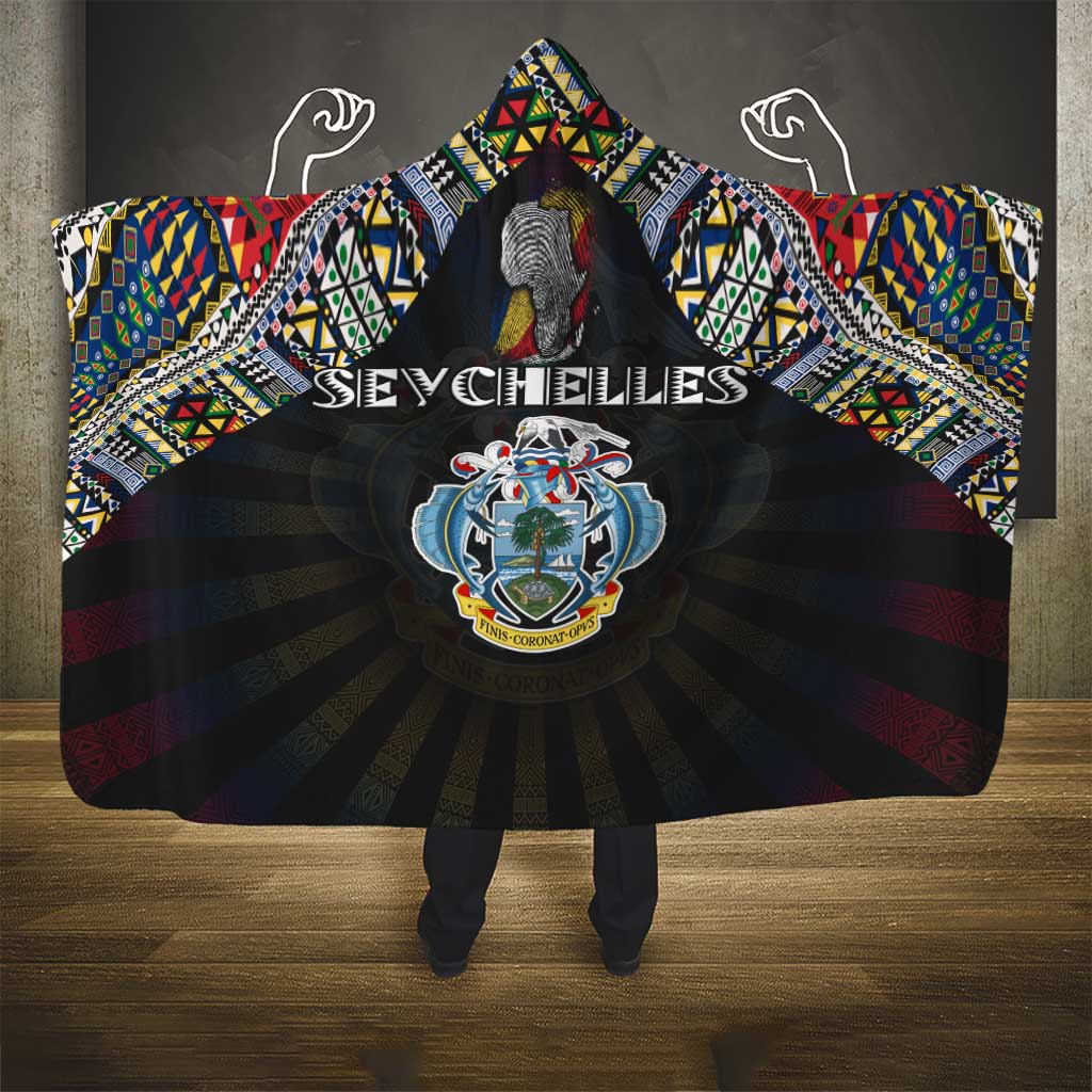 Seychelles Roots Hooded Blanket African Map in Fingerprint and Tribal Colors