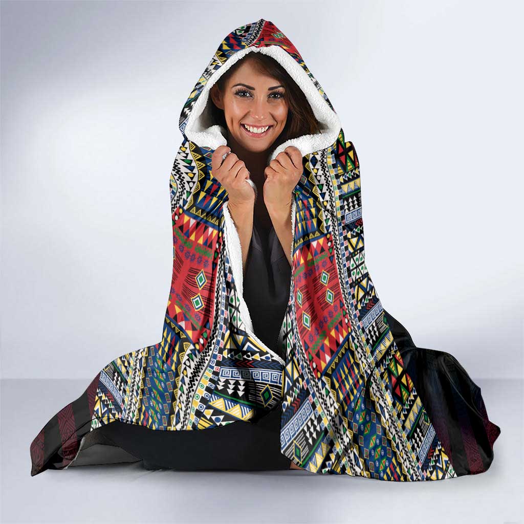 Seychelles Roots Hooded Blanket African Map in Fingerprint and Tribal Colors