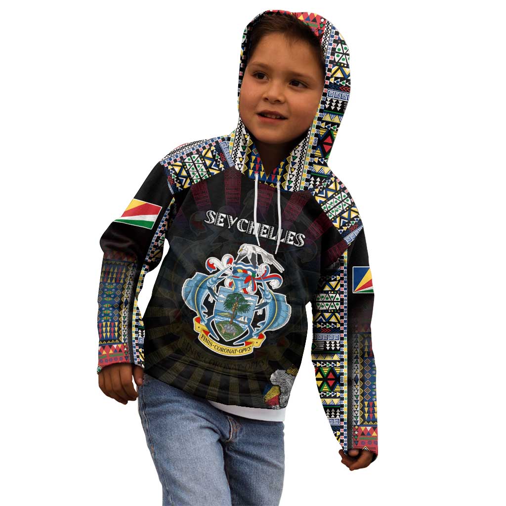 Personalized Seychelles Roots Kid Hoodie African Map in Fingerprint and Tribal Colors