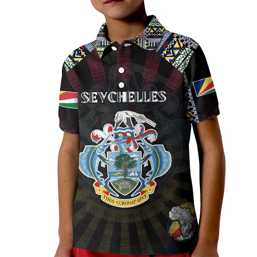Personalized Seychelles Roots Kid Polo Shirt African Map in Fingerprint and Tribal Colors