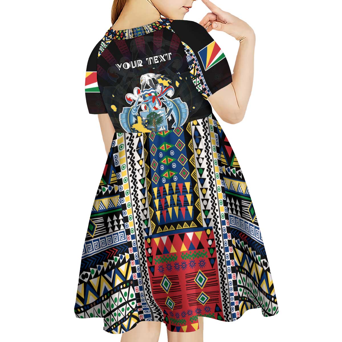 Personalized Seychelles Roots Kid Short Sleeve Dress African Map in Fingerprint and Tribal Colors