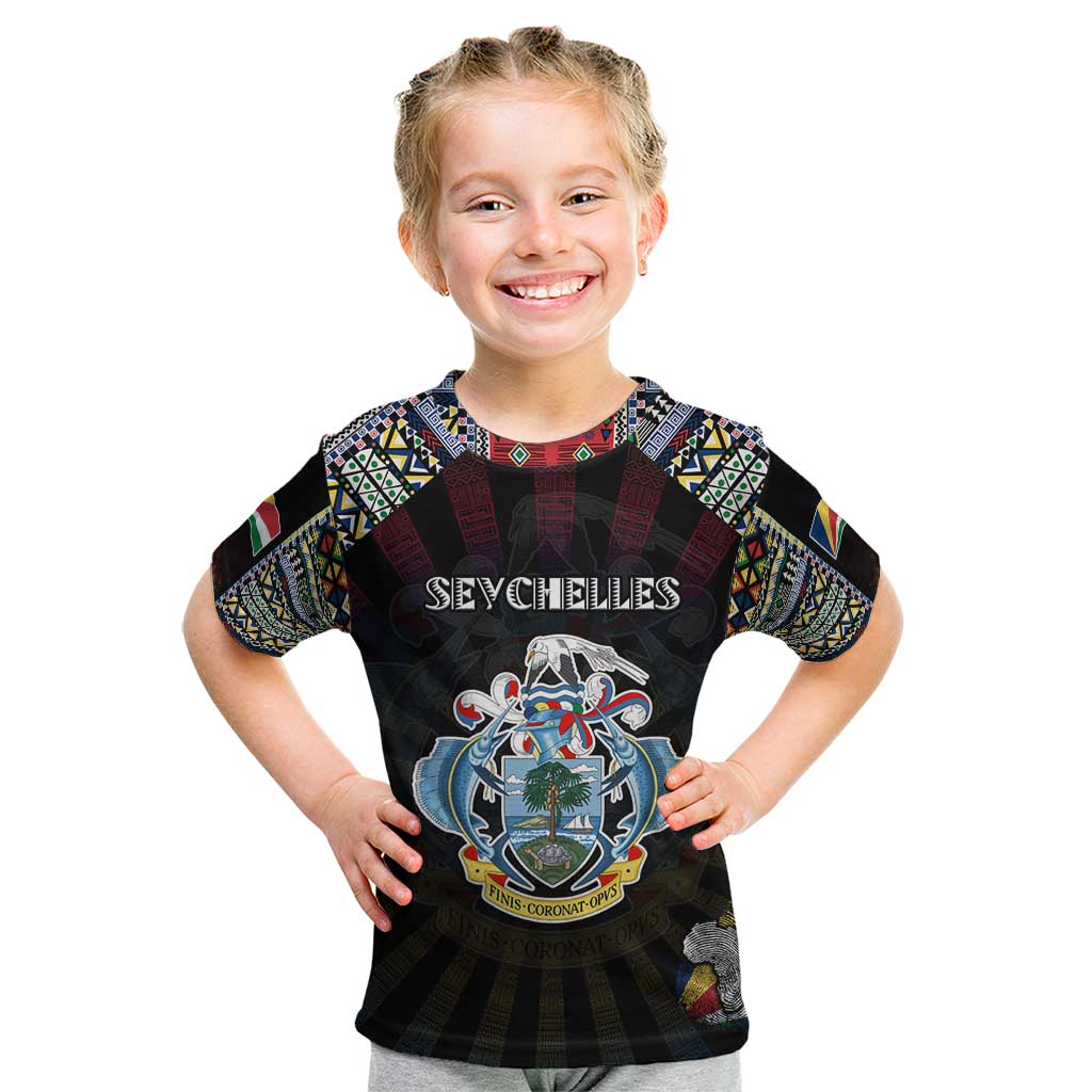 Personalized Seychelles Roots Kid T Shirt African Map in Fingerprint and Tribal Colors