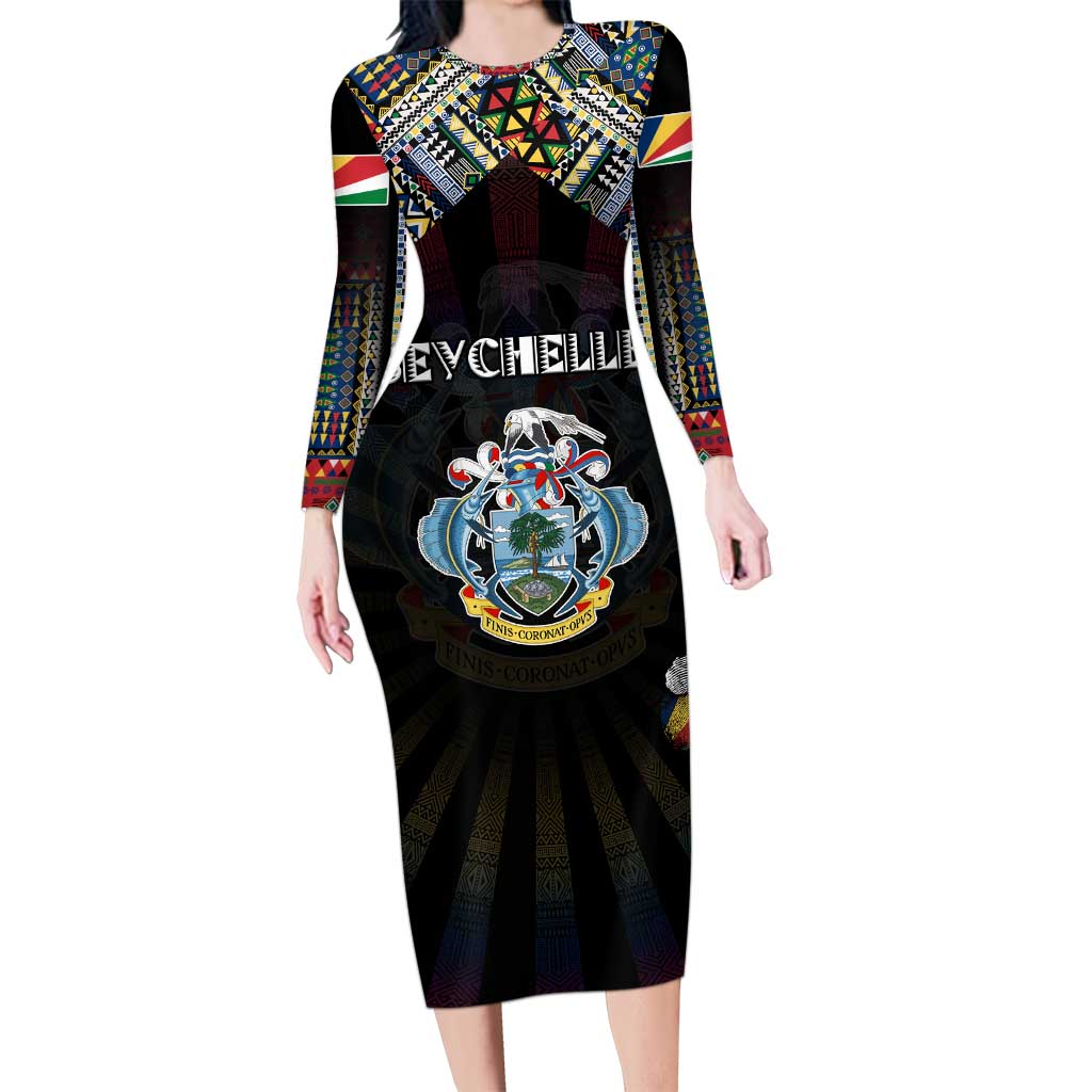 Personalized Seychelles Roots Long Sleeve Bodycon Dress African Map in Fingerprint and Tribal Colors
