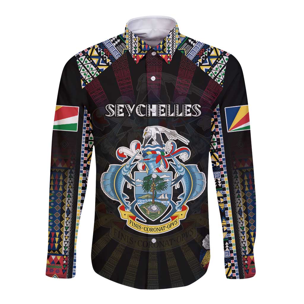 Personalized Seychelles Roots Long Sleeve Button Shirt African Map in Fingerprint and Tribal Colors