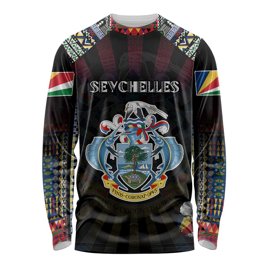 Personalized Seychelles Roots Long Sleeve Shirt African Map in Fingerprint and Tribal Colors