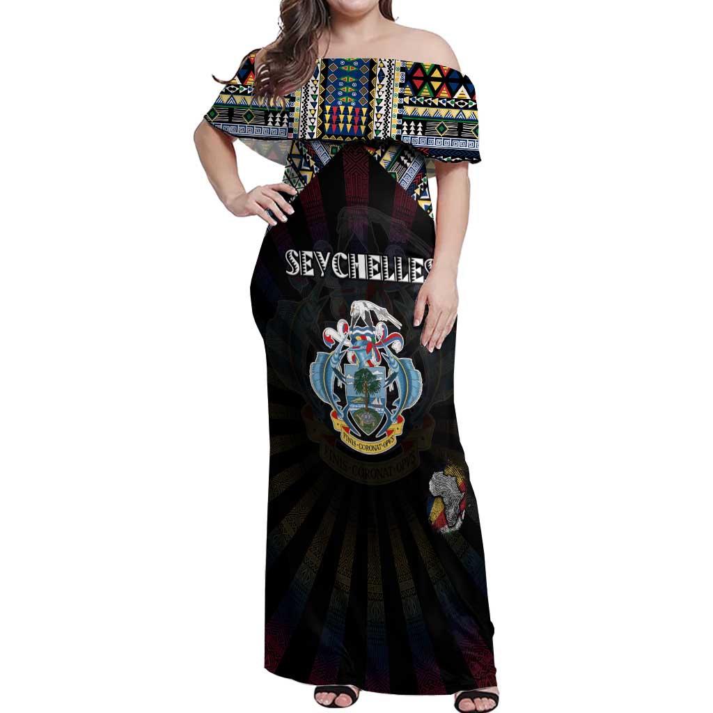 Personalized Seychelles Roots Off Shoulder Maxi Dress African Map in Fingerprint and Tribal Colors