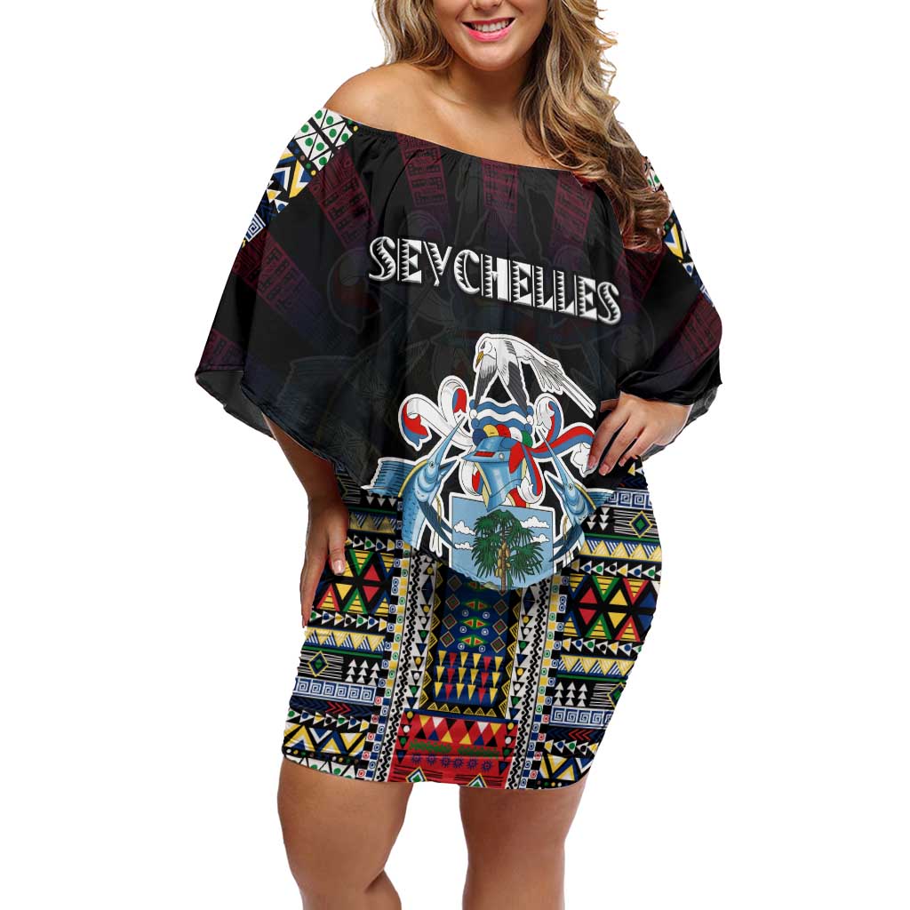 Personalized Seychelles Roots Off Shoulder Short Dress African Map in Fingerprint and Tribal Colors