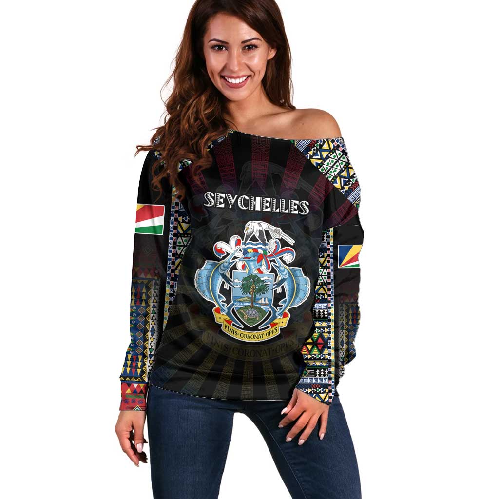 Personalized Seychelles Roots Off Shoulder Sweater African Map in Fingerprint and Tribal Colors
