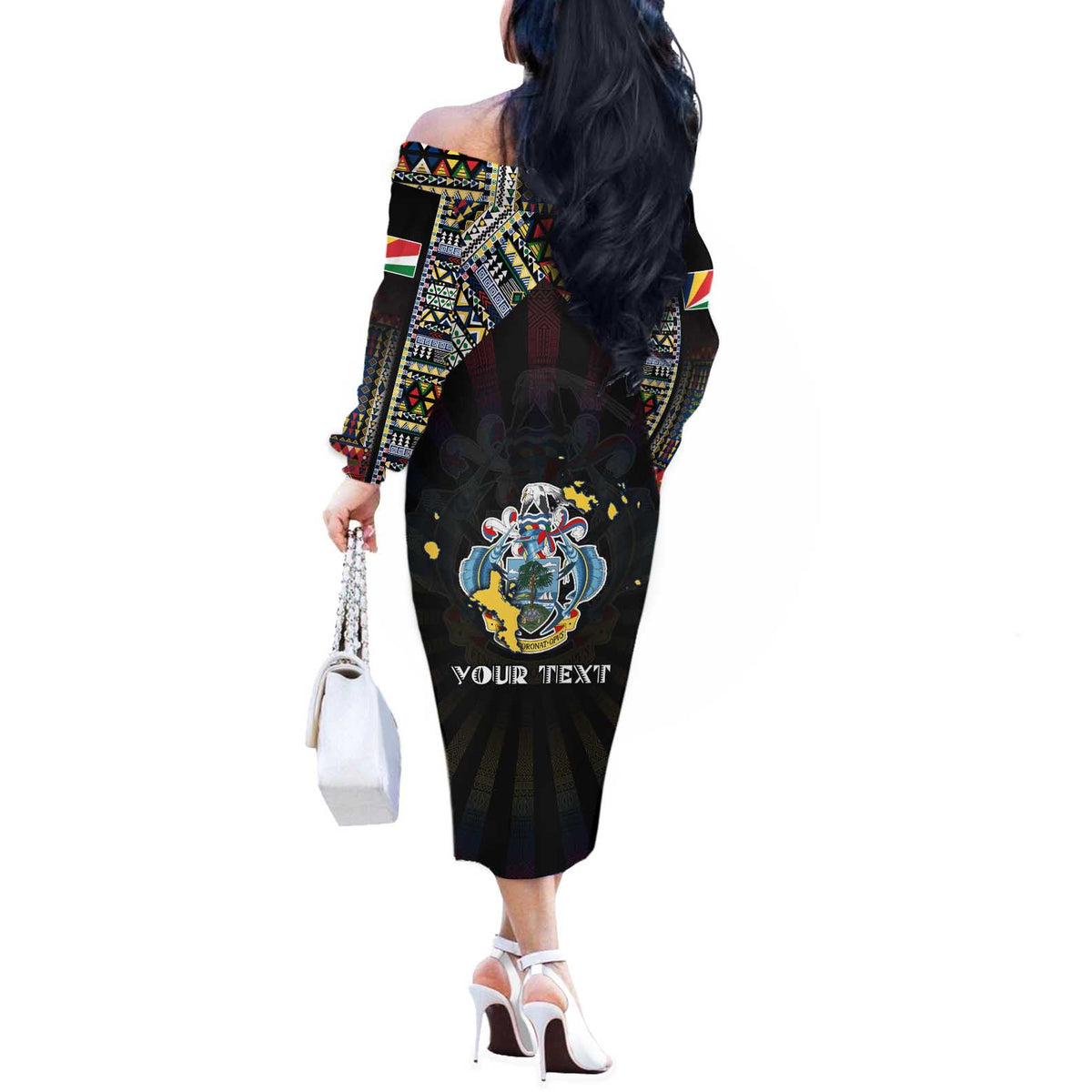 Personalized Seychelles Roots Off The Shoulder Long Sleeve Dress African Map in Fingerprint and Tribal Colors