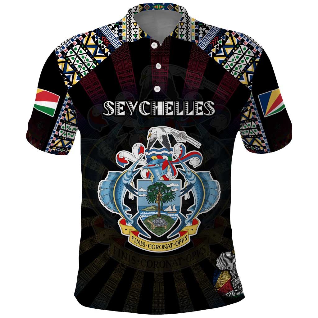 Personalized Seychelles Roots Polo Shirt African Map in Fingerprint and Tribal Colors