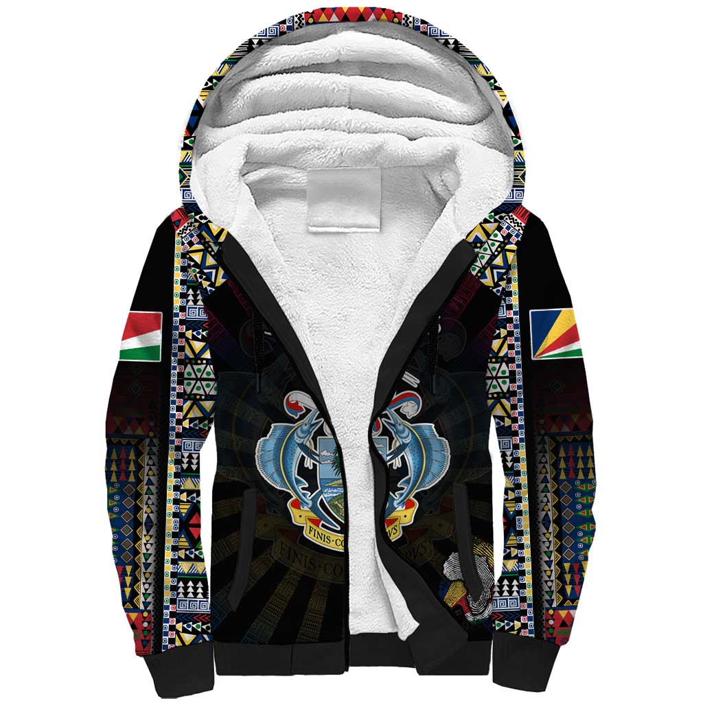Personalized Seychelles Roots Sherpa Hoodie African Map in Fingerprint and Tribal Colors
