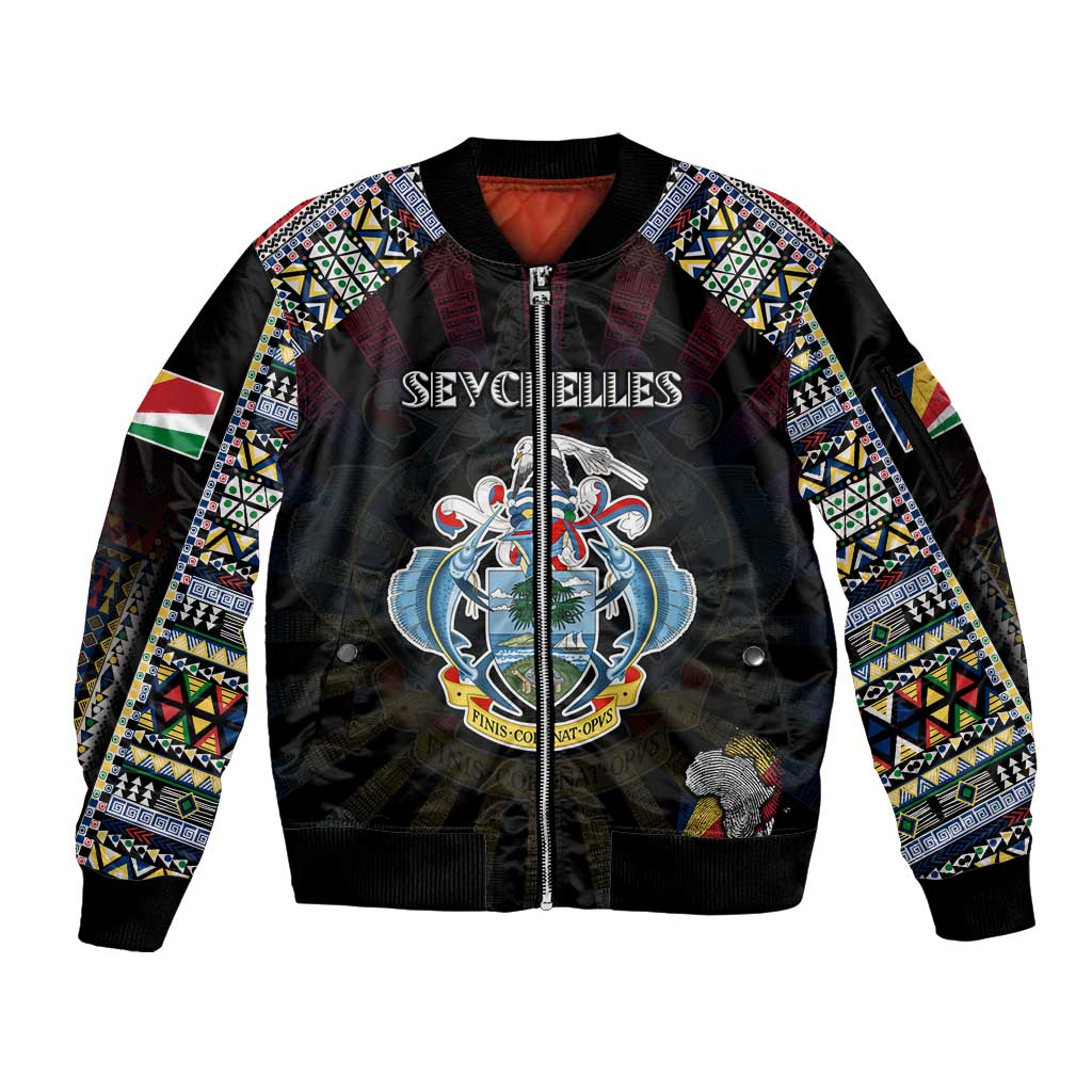 Personalized Seychelles Roots Sleeve Zip Bomber Jacket African Map in Fingerprint and Tribal Colors