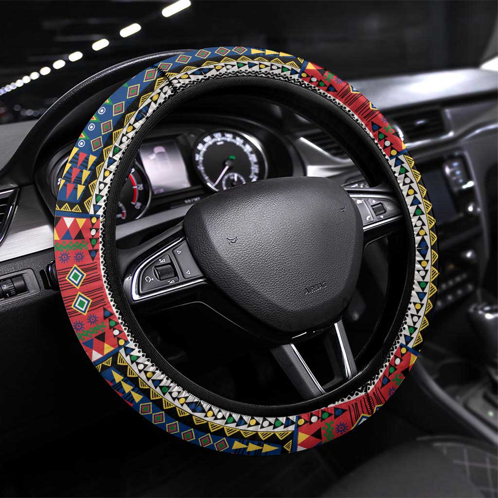 Seychelles Roots Steering Wheel Cover African Map in Fingerprint and Tribal Colors