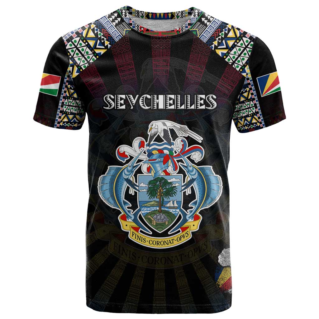 Personalized Seychelles Roots T Shirt African Map in Fingerprint and Tribal Colors