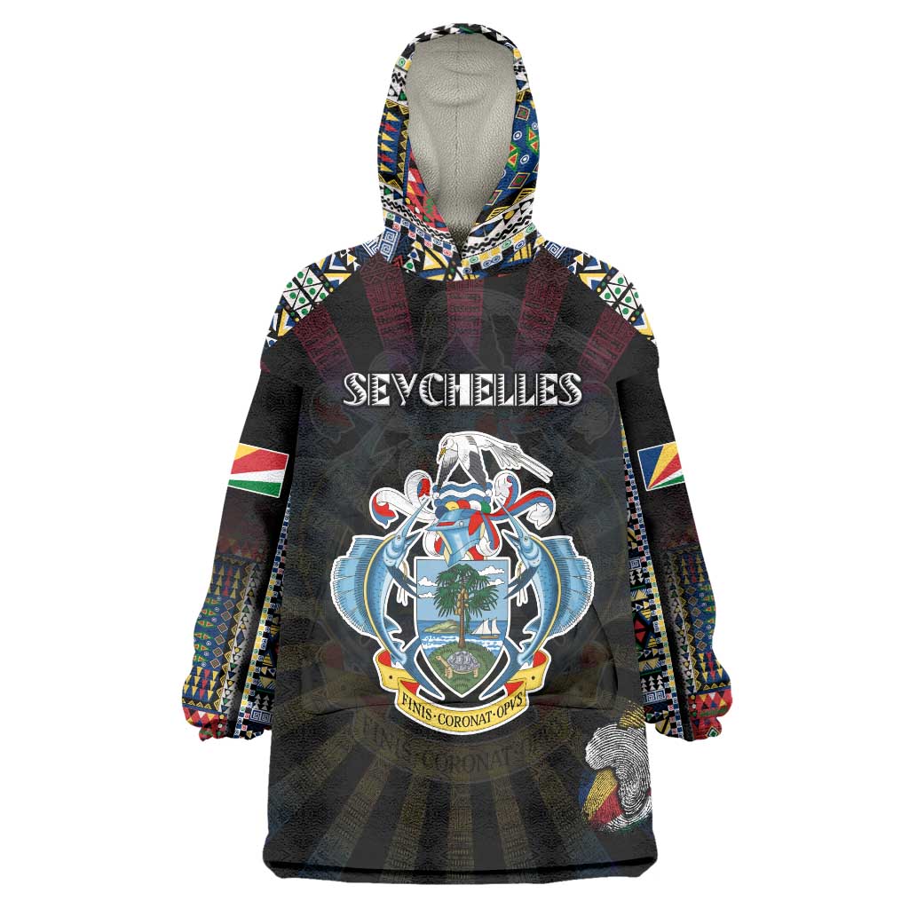 Personalized Seychelles Roots Wearable Blanket Hoodie African Map in Fingerprint and Tribal Colors