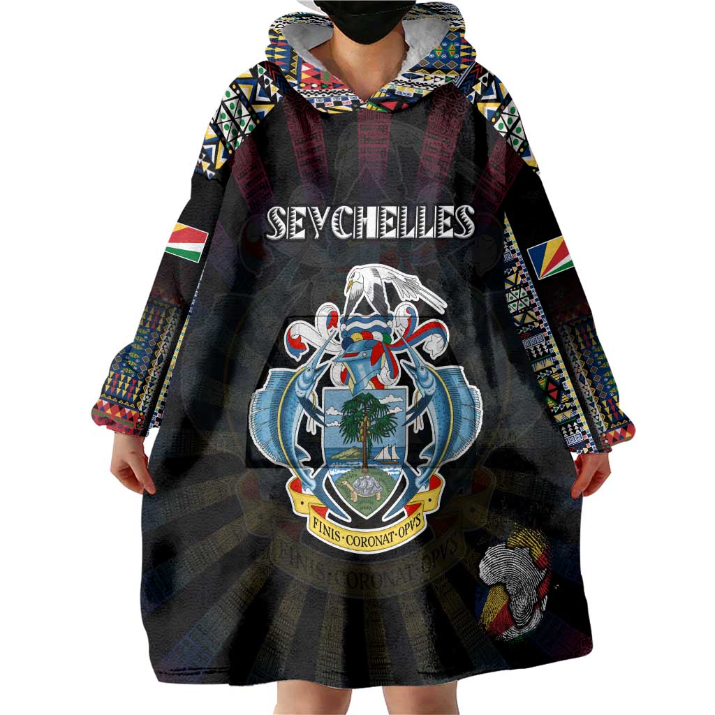 Personalized Seychelles Roots Wearable Blanket Hoodie African Map in Fingerprint and Tribal Colors