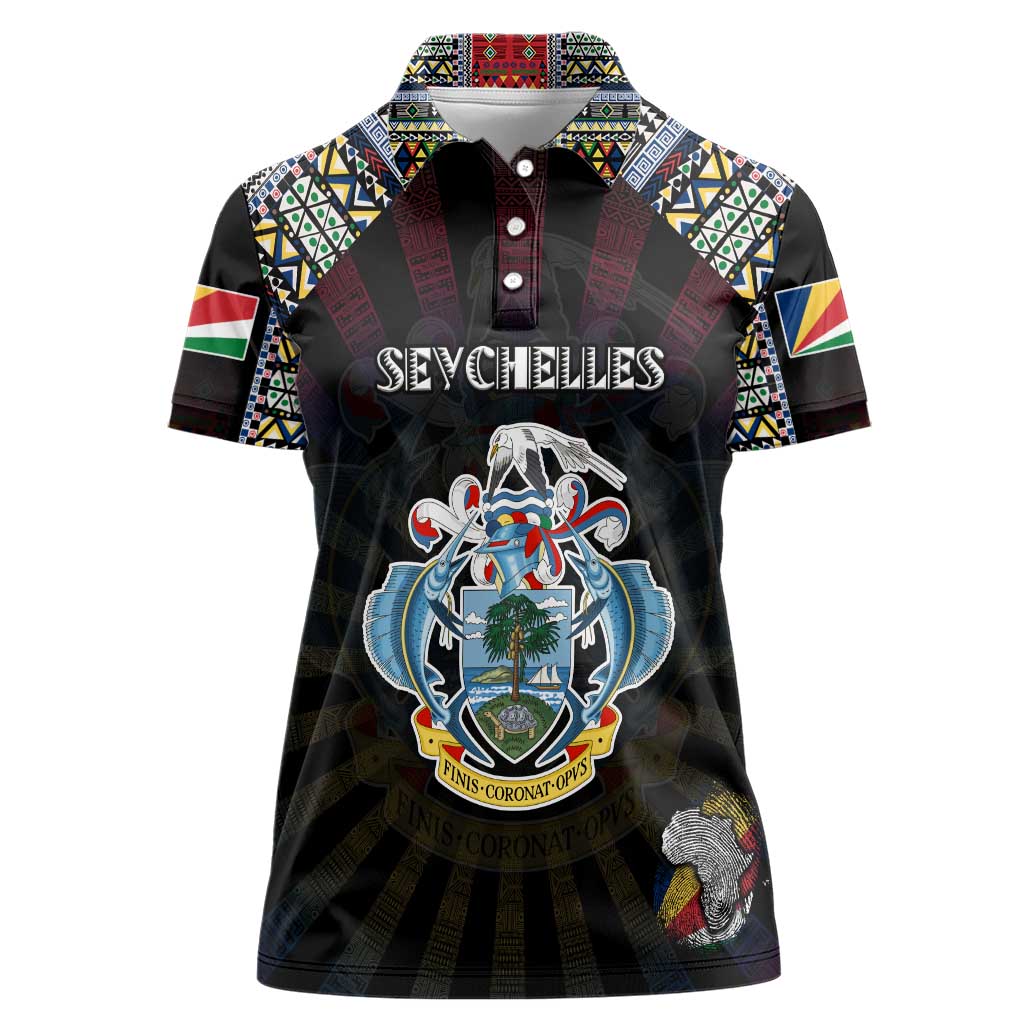 Personalized Seychelles Roots Women Polo Shirt African Map in Fingerprint and Tribal Colors