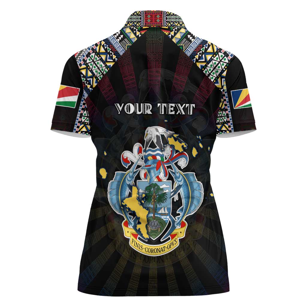 Personalized Seychelles Roots Women Polo Shirt African Map in Fingerprint and Tribal Colors