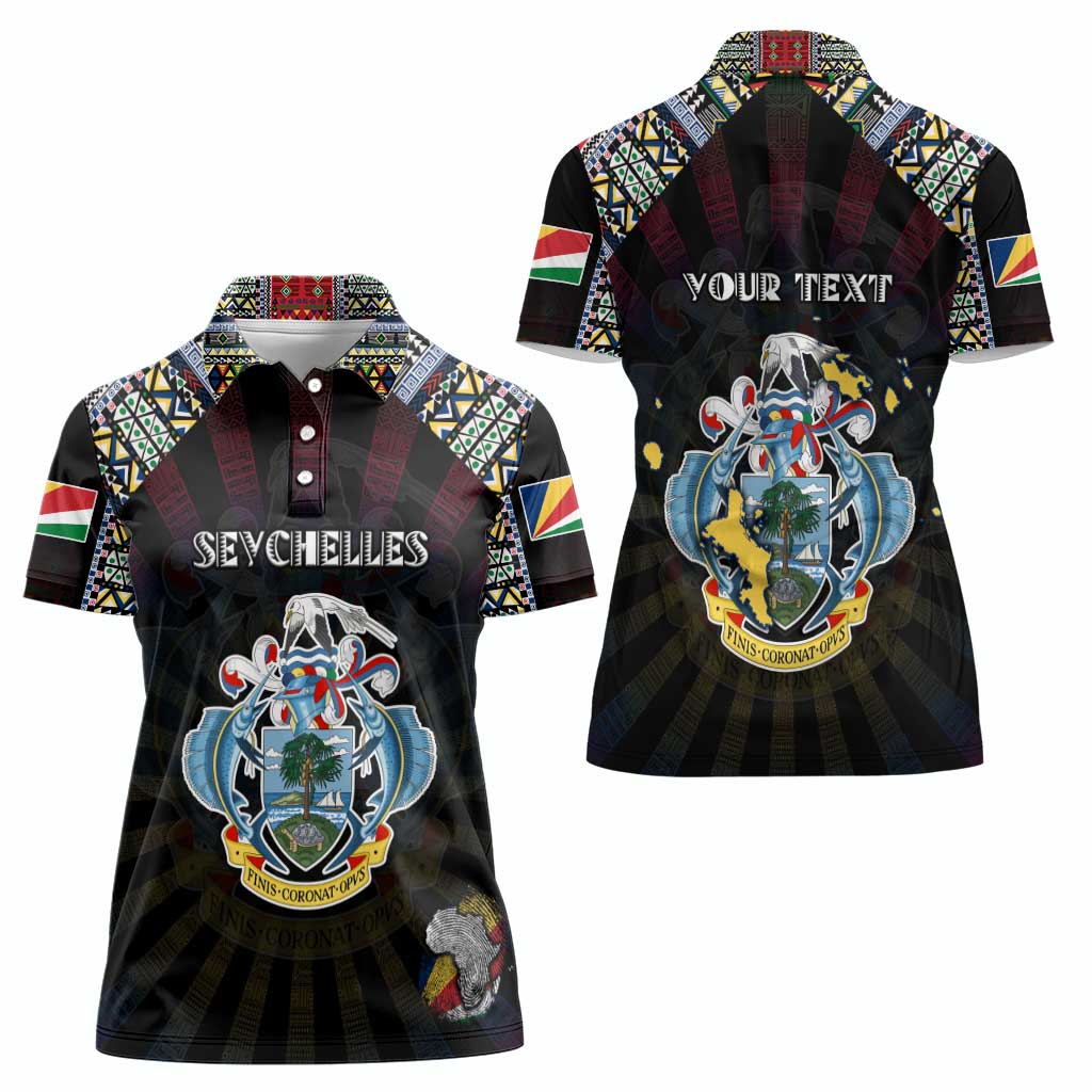 Personalized Seychelles Roots Women Polo Shirt African Map in Fingerprint and Tribal Colors