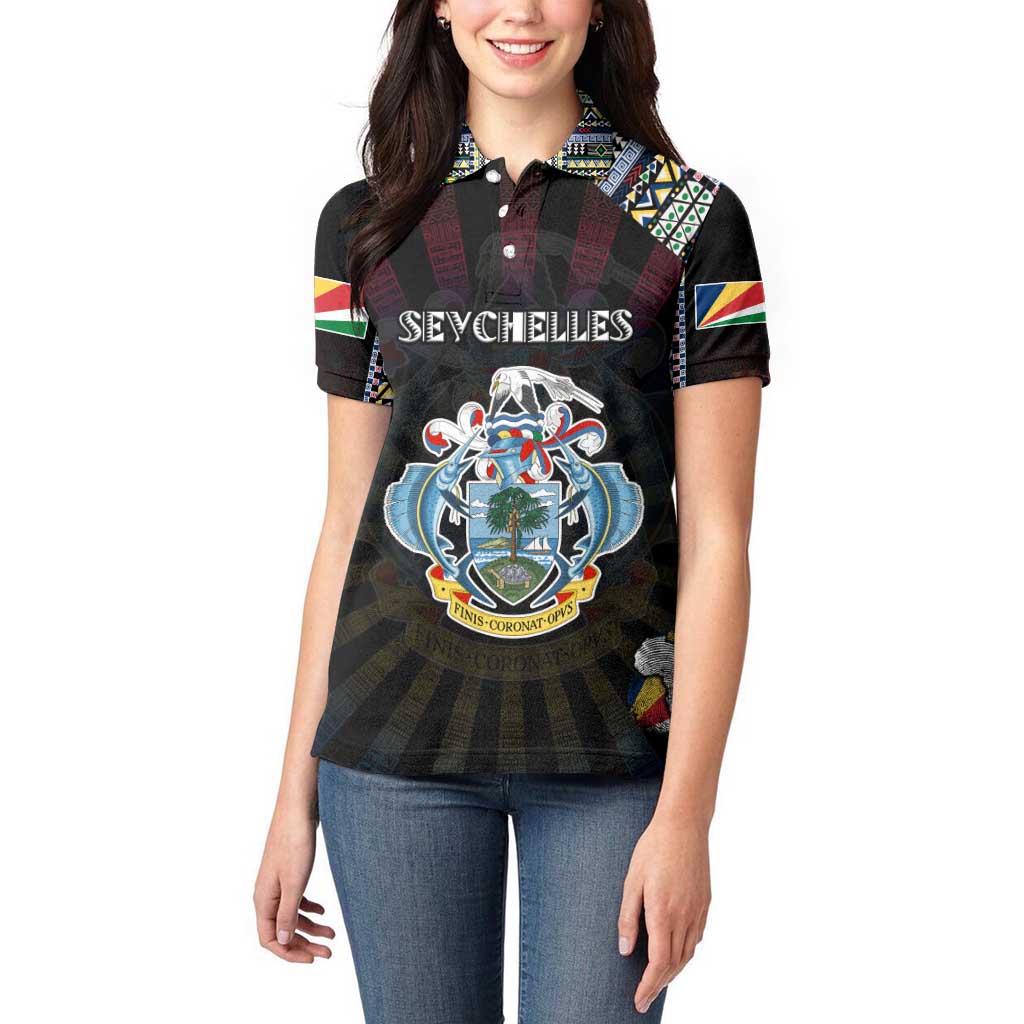 Personalized Seychelles Roots Women Polo Shirt African Map in Fingerprint and Tribal Colors