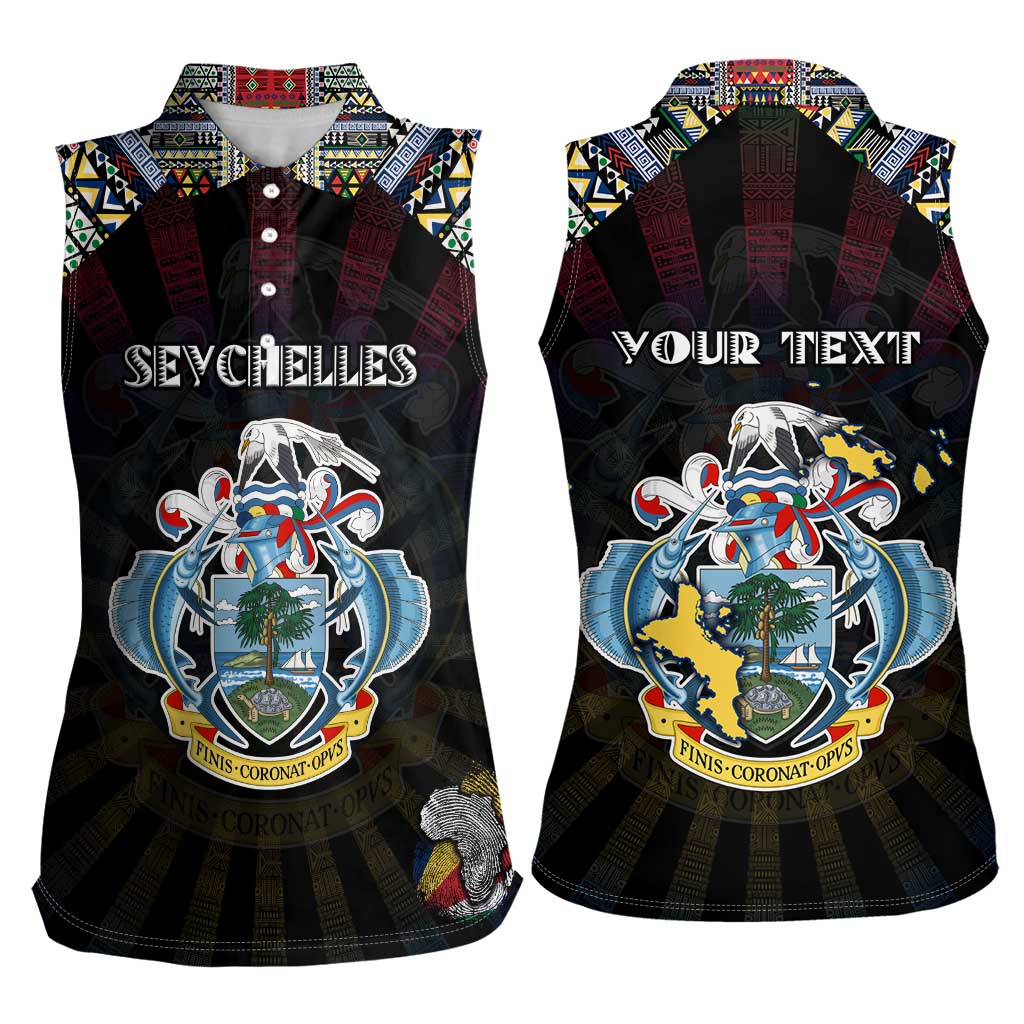 Personalized Seychelles Roots Women Sleeveless Polo Shirt African Map in Fingerprint and Tribal Colors