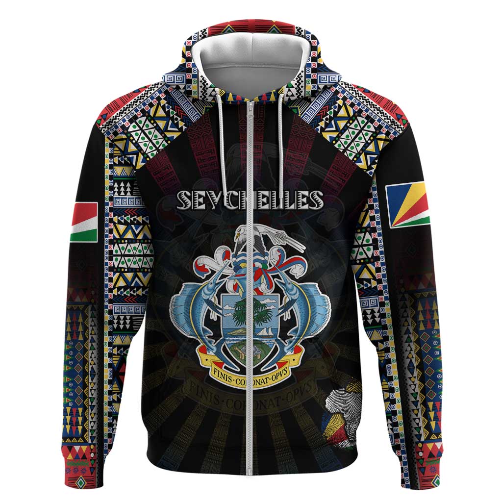 Personalized Seychelles Roots Zip Hoodie African Map in Fingerprint and Tribal Colors