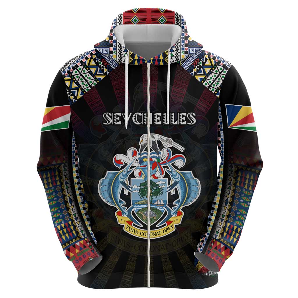 Personalized Seychelles Roots Zip Hoodie African Map in Fingerprint and Tribal Colors