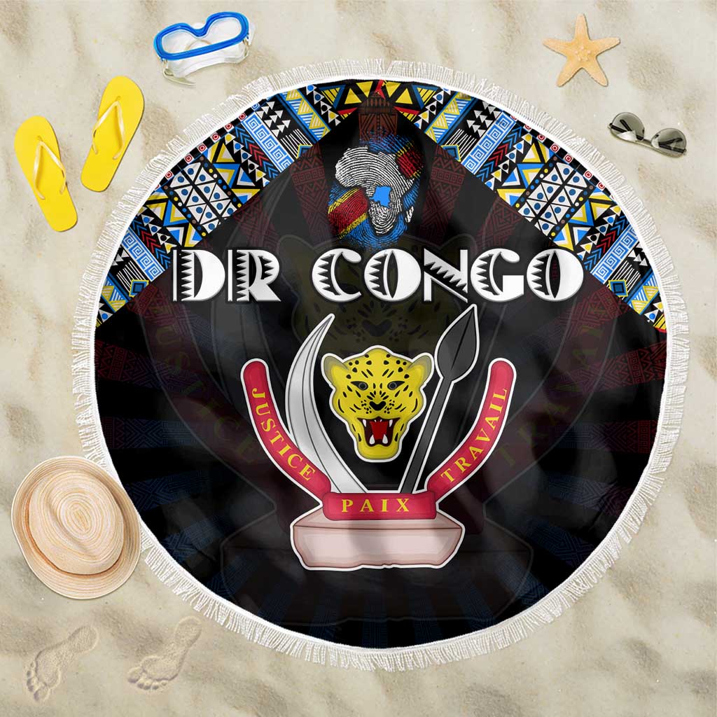 DR Congo Roots Beach Blanket African Map in Fingerprint and Tribal Colors