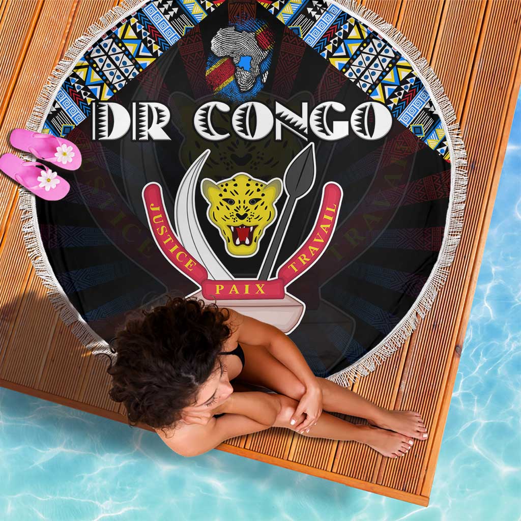 DR Congo Roots Beach Blanket African Map in Fingerprint and Tribal Colors