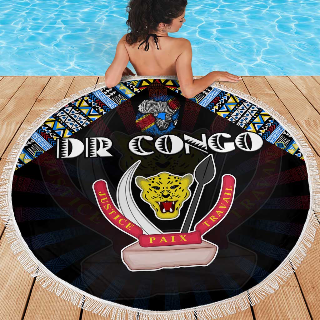 DR Congo Roots Beach Blanket African Map in Fingerprint and Tribal Colors