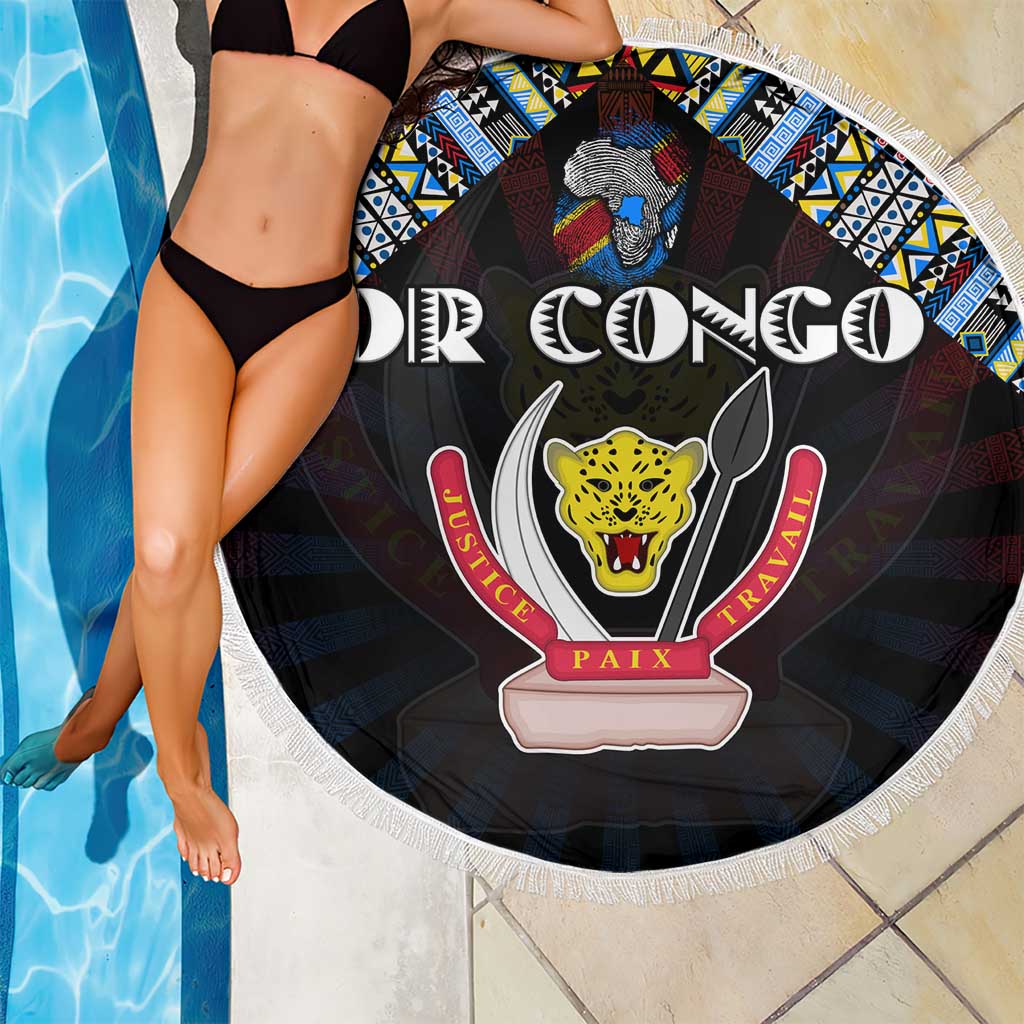 DR Congo Roots Beach Blanket African Map in Fingerprint and Tribal Colors