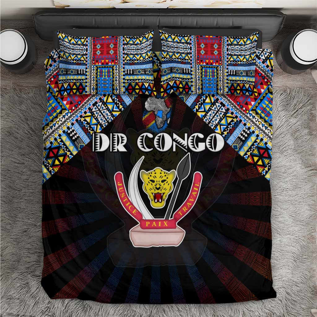 DR Congo Roots Bedding Set African Map in Fingerprint and Tribal Colors