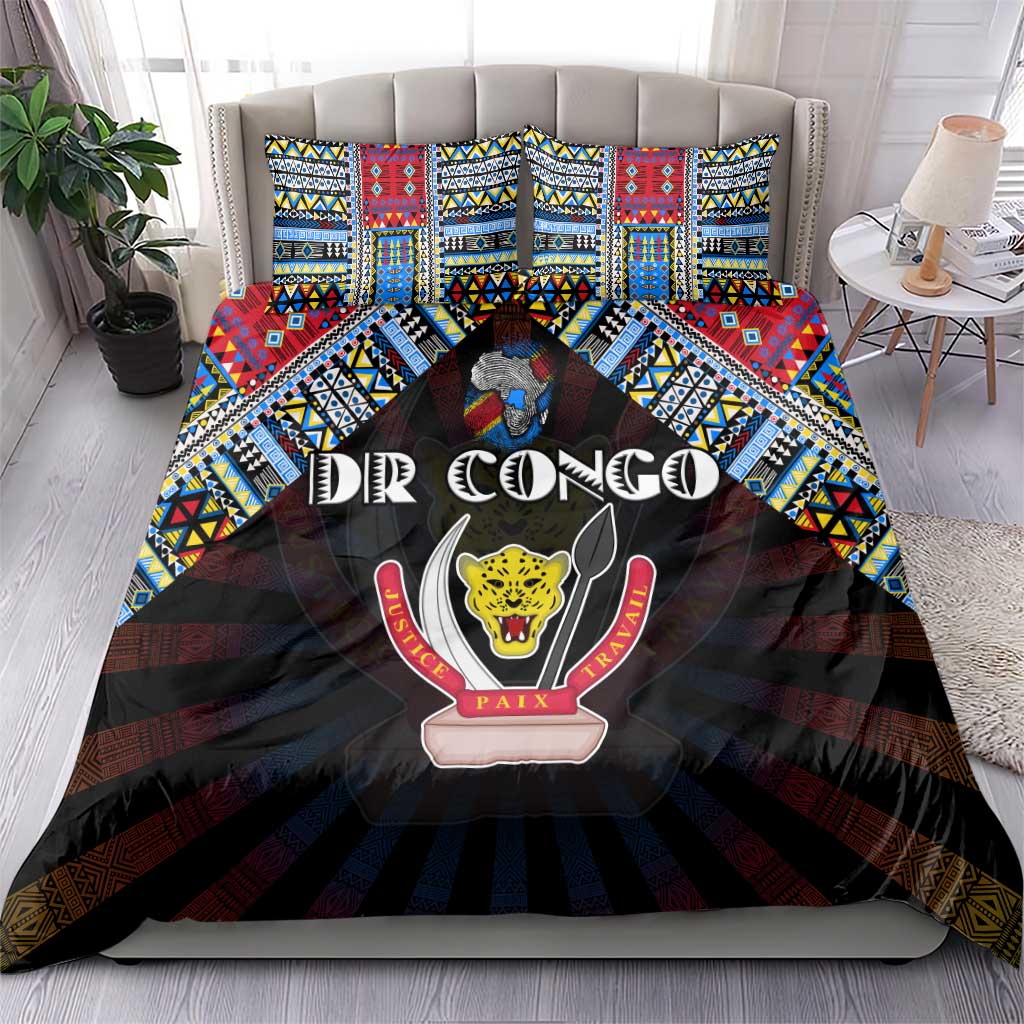 DR Congo Roots Bedding Set African Map in Fingerprint and Tribal Colors