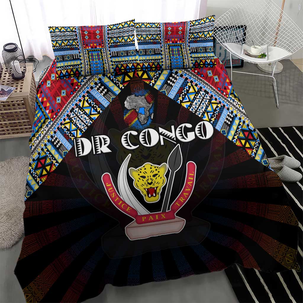 DR Congo Roots Bedding Set African Map in Fingerprint and Tribal Colors