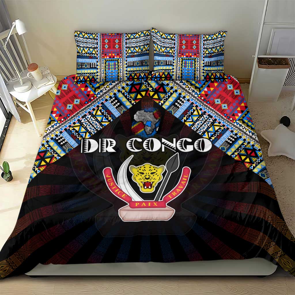 DR Congo Roots Bedding Set African Map in Fingerprint and Tribal Colors