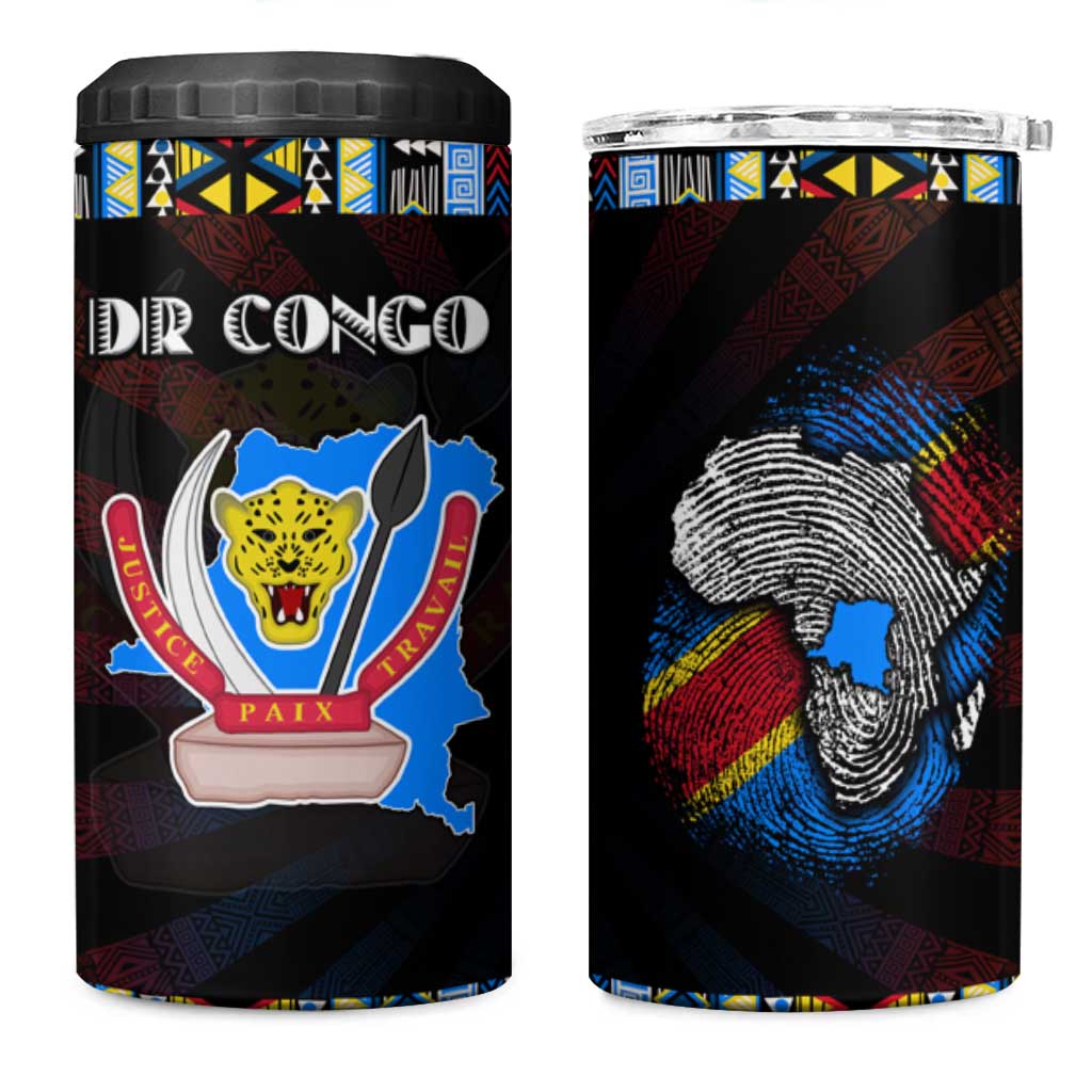 DR Congo Roots 4 in 1 Can Cooler Tumbler African Map in Fingerprint and Tribal Colors