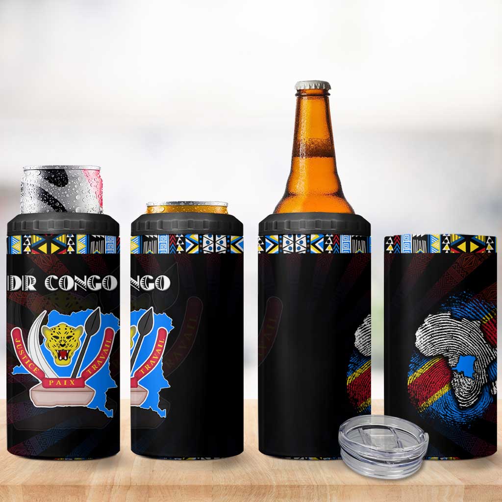 DR Congo Roots 4 in 1 Can Cooler Tumbler African Map in Fingerprint and Tribal Colors