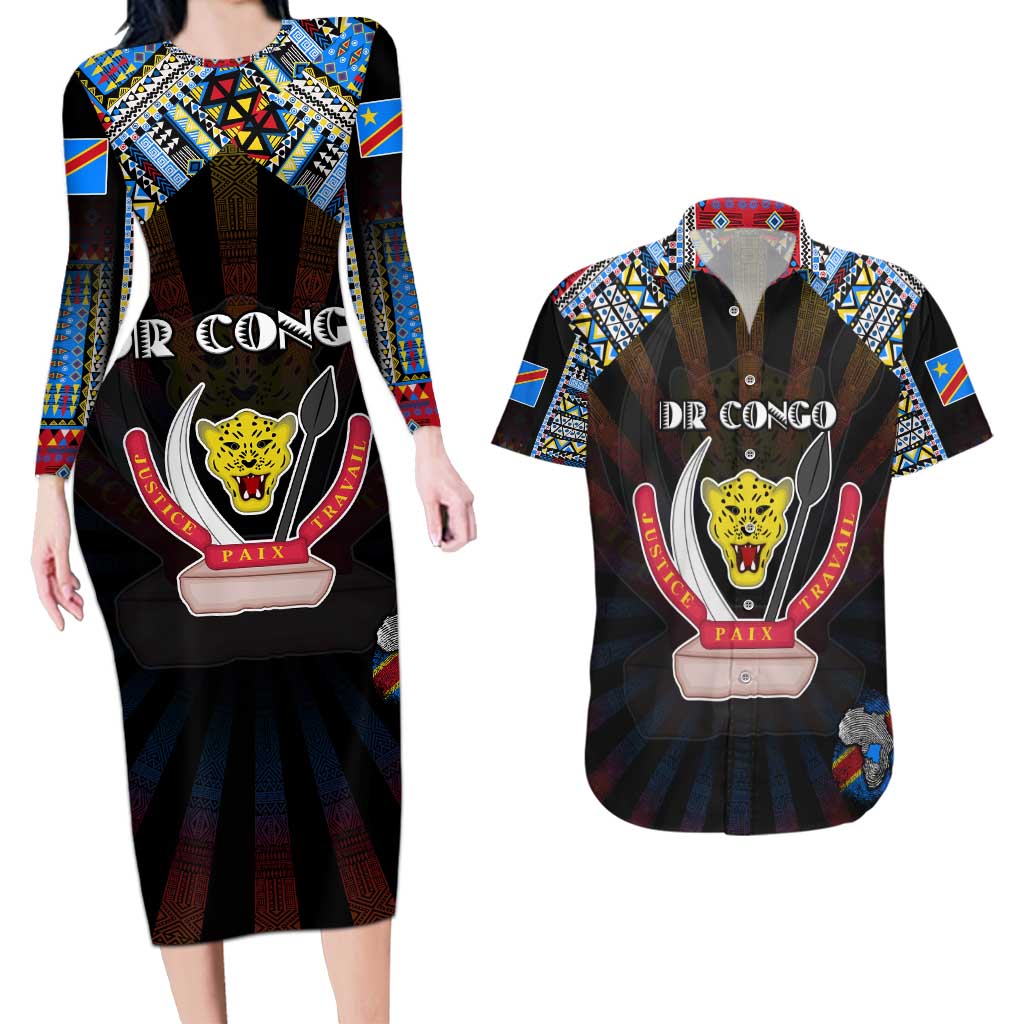 Personalized DR Congo Roots Couples Matching Long Sleeve Bodycon Dress and Hawaiian Shirt African Map in Fingerprint and Tribal Colors