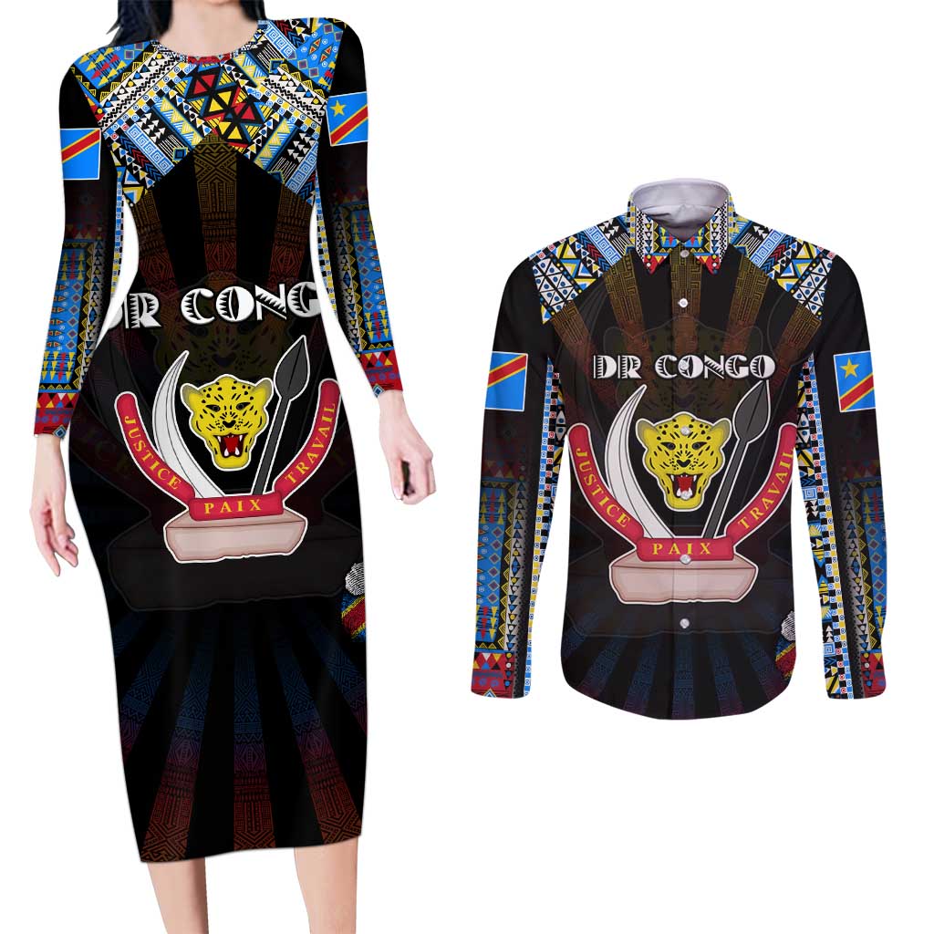 Personalized DR Congo Roots Couples Matching Long Sleeve Bodycon Dress and Long Sleeve Button Shirt African Map in Fingerprint and Tribal Colors