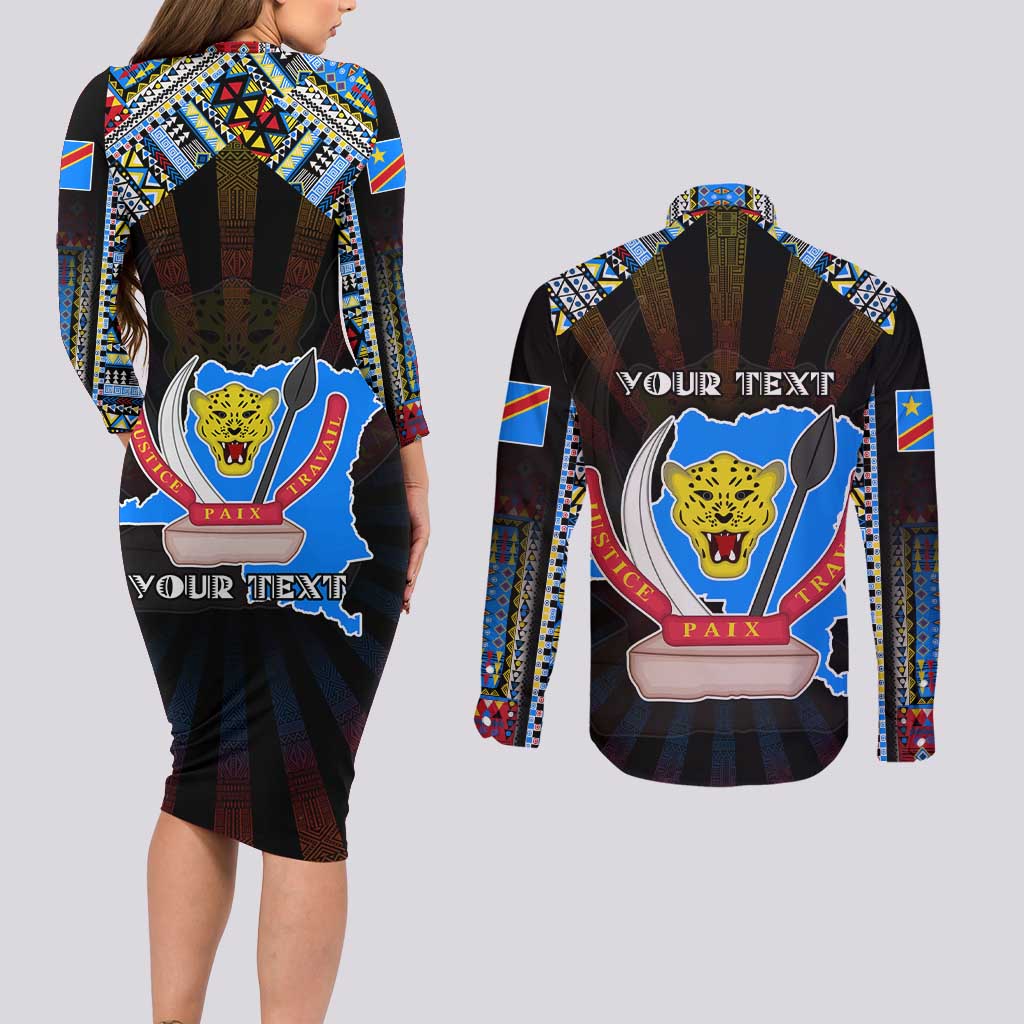 Personalized DR Congo Roots Couples Matching Long Sleeve Bodycon Dress and Long Sleeve Button Shirt African Map in Fingerprint and Tribal Colors