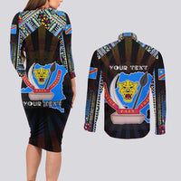 Personalized DR Congo Roots Couples Matching Long Sleeve Bodycon Dress and Long Sleeve Button Shirt African Map in Fingerprint and Tribal Colors