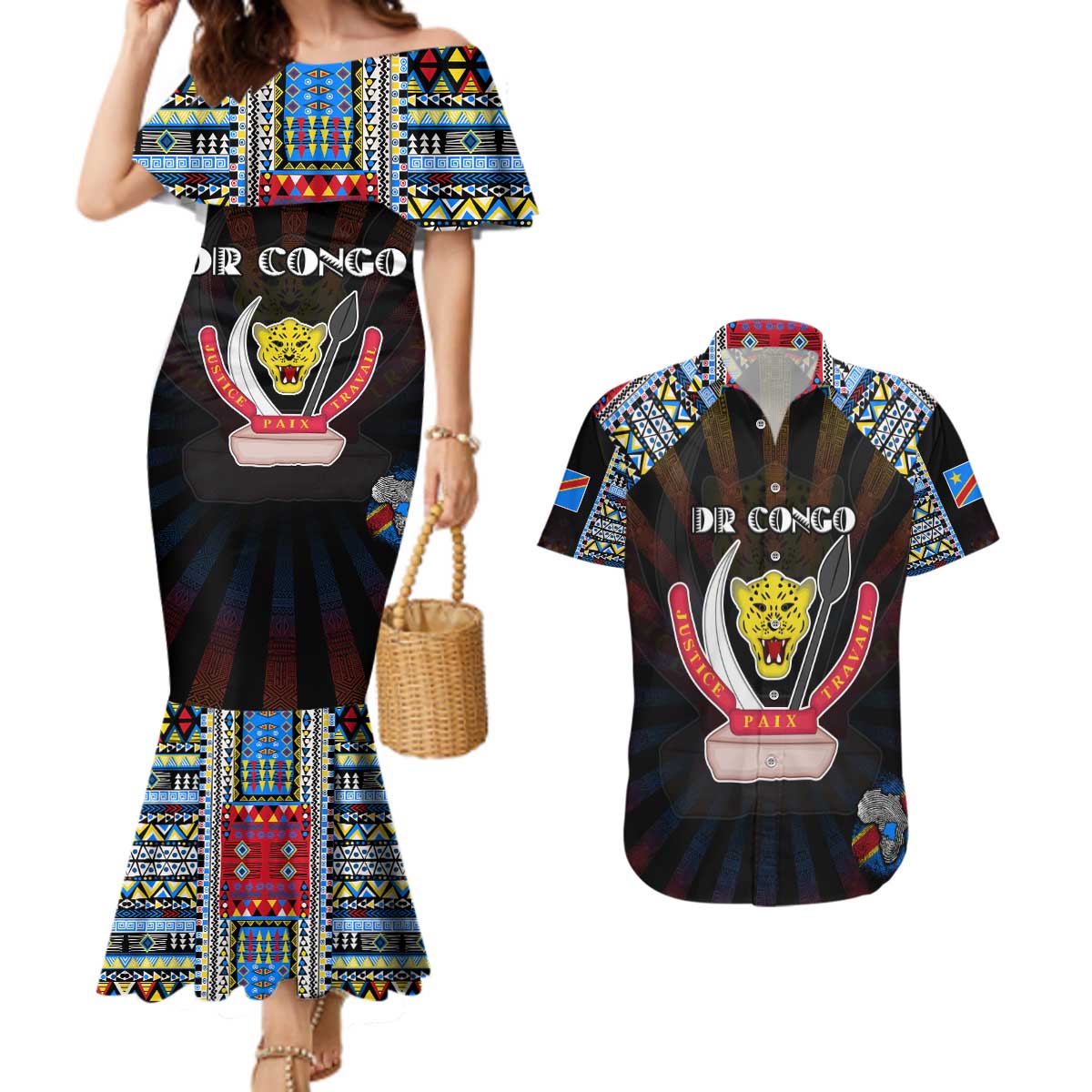 Personalized DR Congo Roots Couples Matching Mermaid Dress and Hawaiian Shirt African Map in Fingerprint and Tribal Colors