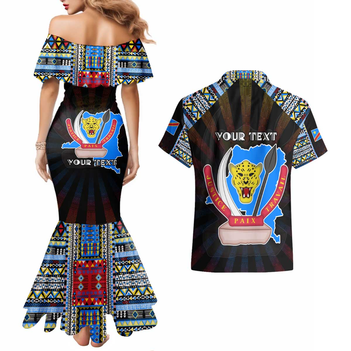 Personalized DR Congo Roots Couples Matching Mermaid Dress and Hawaiian Shirt African Map in Fingerprint and Tribal Colors