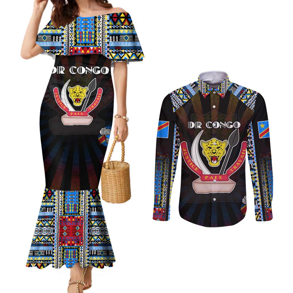 Personalized DR Congo Roots Couples Matching Mermaid Dress and Long Sleeve Button Shirt African Map in Fingerprint and Tribal Colors