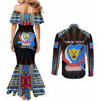 Personalized DR Congo Roots Couples Matching Mermaid Dress and Long Sleeve Button Shirt African Map in Fingerprint and Tribal Colors