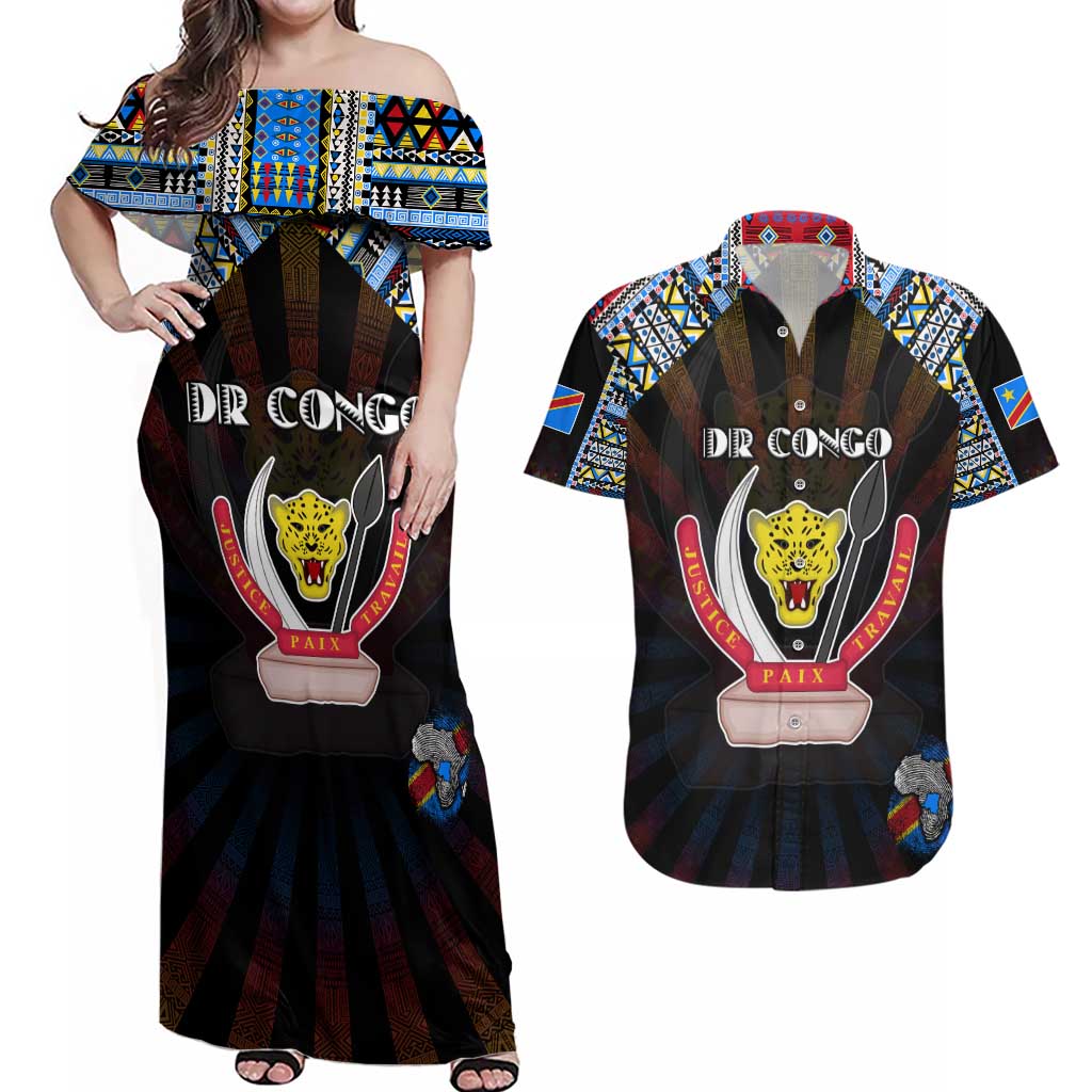 Personalized DR Congo Roots Couples Matching Off Shoulder Maxi Dress and Hawaiian Shirt African Map in Fingerprint and Tribal Colors