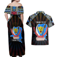 Personalized DR Congo Roots Couples Matching Off Shoulder Maxi Dress and Hawaiian Shirt African Map in Fingerprint and Tribal Colors