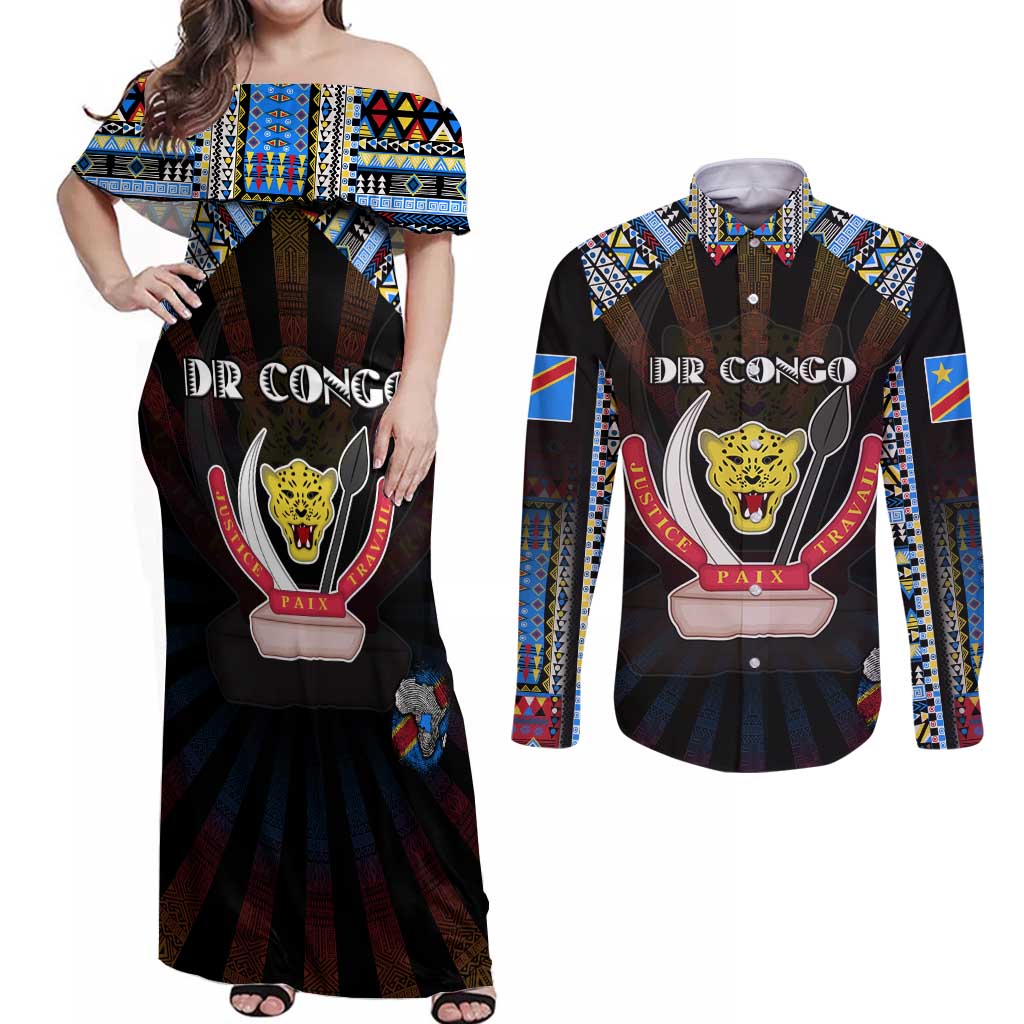 Personalized DR Congo Roots Couples Matching Off Shoulder Maxi Dress and Long Sleeve Button Shirt African Map in Fingerprint and Tribal Colors