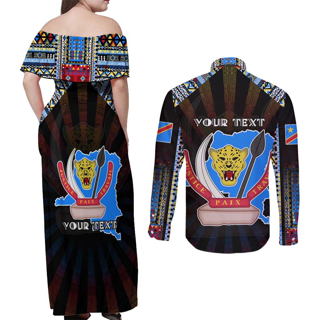 Personalized DR Congo Roots Couples Matching Off Shoulder Maxi Dress and Long Sleeve Button Shirt African Map in Fingerprint and Tribal Colors