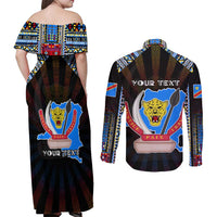 Personalized DR Congo Roots Couples Matching Off Shoulder Maxi Dress and Long Sleeve Button Shirt African Map in Fingerprint and Tribal Colors